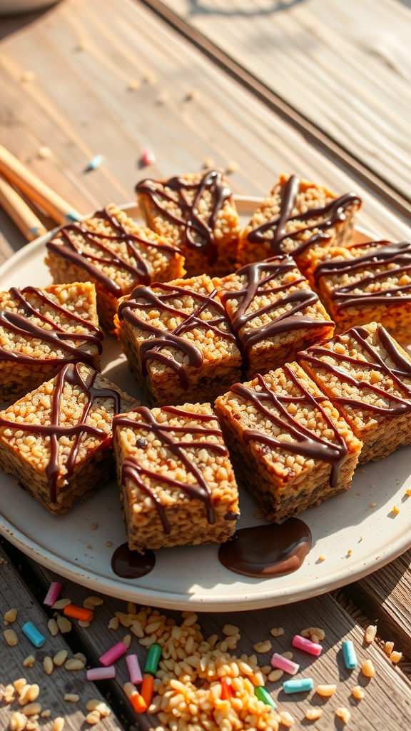 Crispy quinoa treats cut into squares, drizzled with chocolate on a rustic table.